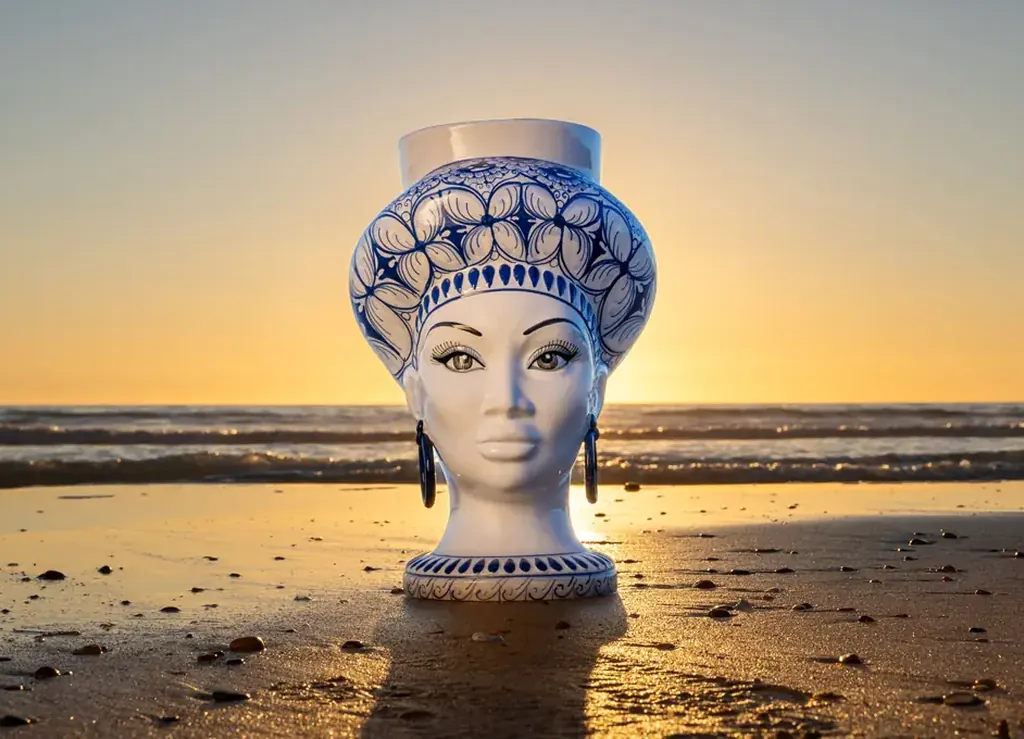 Cabeza de cerámica siciliana fotografiada al atardecer en la playa